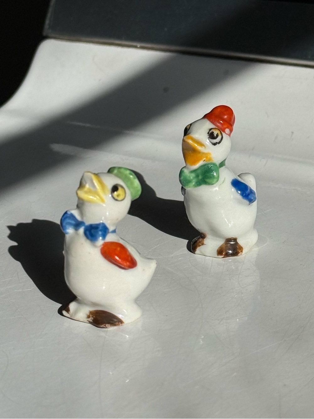 Set of 2 Bow Tie Hat Wearing Duck Porcelain Ceramic Figurines Made in Japan MCM